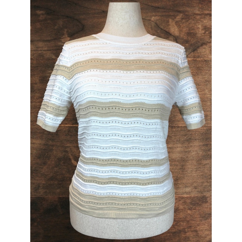 Nanette Lepore Pointelle Stripe Sweater Top Womens M Ivory Tan Knit Short Sleeve